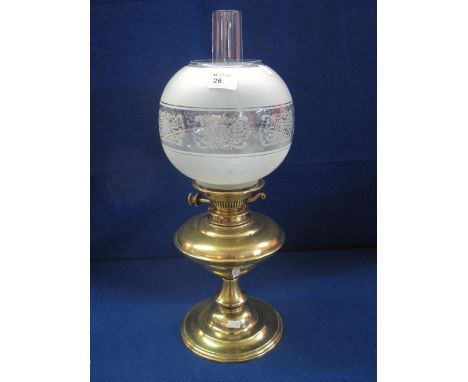 Brass pedistal double burner oil lamp with etched glass shade and chimney.