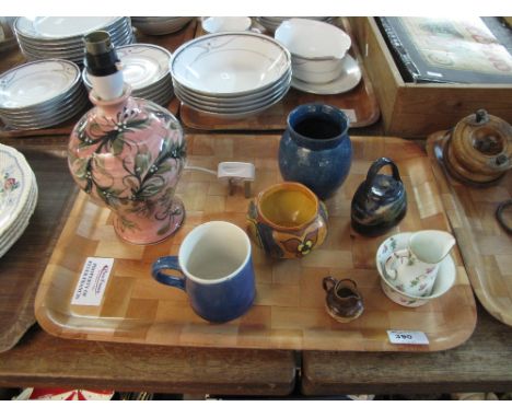 Tray of assorted china to include miniature Doulton Lambeth two-tone baluster jug, Gwili pottery baluster table lamp, modern 