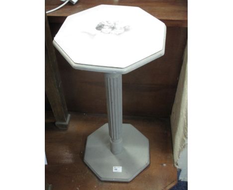 Painted octagonal pedestal table with transfer printed portrait decoration.