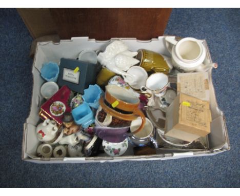 Tray of assorted china to include various Crested ware items, Royal Worcester, egg coddlers in original box, character jug, W