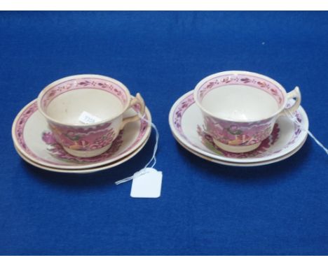 Group of 19th Century Staffordshire porcelaineous pink lustre transfer printed items, to include two cups and four saucers. (