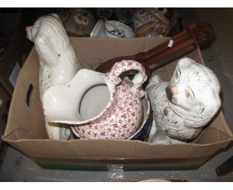 Tray of assorted china to include large pair of Staffordshire seated spaniels, floral basin and modern barometer.