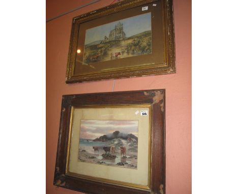 Ruined abbey, a large framed watercolour together with a coloured print of Highland cattle on a beach.  (2)