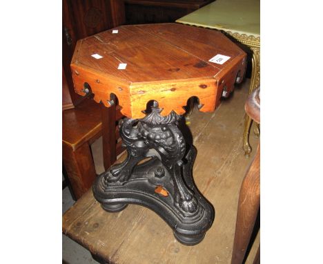19th Century cast iron triform stool with paw feet and replaced wooden top, to make small table, possibly from a ship.