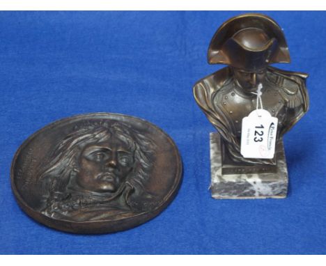 Bronzed metal portrait bust of Napoleon Bonaparte on marble plinth, together with a bronzed metal relief placque of 'Le Gener