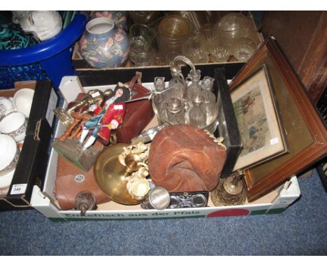 Tray of assorted items to include a Lindop Hercules leather vintage football, glass and plated condiment set on stand, Kodak 