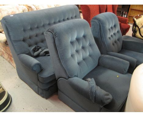 Modern Parker Knoll blue velour upholstered four piece lounge suit comprising three seater sofa, two easy chairs and a poufe.