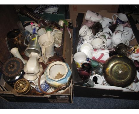 Two trays of assorted china, glass etc. to include drinking mugs, hand-painted biscuit barrel, pewter tankard, glass vase, mo