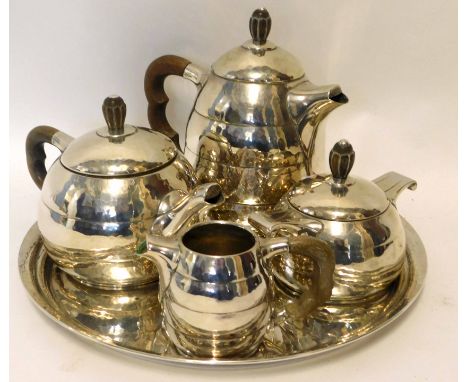 Early 20th century Belgian five-piece tea and coffee service comprising coffee pot, tea pot, lidded sugar bowl and milk jug, 