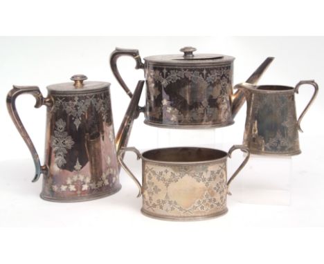 Victorian composite four-piece tea and coffee service comprising coffee pot, tea pot, each of oval form with beaded borders a
