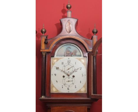 Early 19th century mahogany and boxwood line inlaid 8-day longcase clock, unsigned, the case with pagoda pediment surmounted 