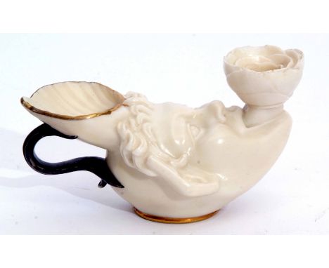 Mid-19th century Kerr &amp; Binns Worcester chamber stick modelled in blush as a cherub with candle holder in his mouth and o