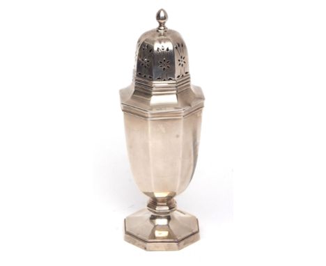 George VI table caster of octagonal form with pierced pull off cover, cast and applied finial and raised on a spreading base,