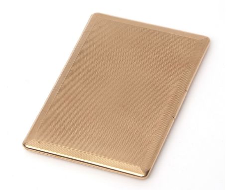 9ct gold Art Deco cigarette case having engine turned decoration on front and back, a concealed push-button catch with a full