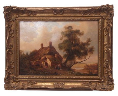 ENGLISH SCHOOL (18TH/19TH CENTURY) Figures before a cottage oil on canvas, bears signature R Ladbrooke lower left 30 x 42cms 