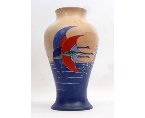 Impressive Wilkinson "Foam" vase, the baluster body with a geometric design of geese against a buff/blue ground, signed by J 