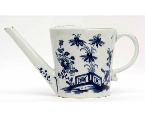 Large Lowestoft feeding cup painted in underglaze blue with a fence a flowering branches, the reverse with flower head and si