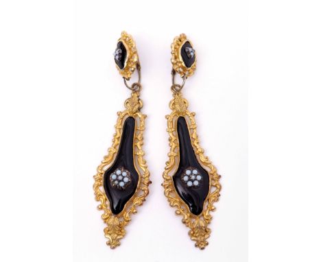 Pair of Victorian pendant mourning earrings, lozenge shaped, a design with a central small opal flower head applied to a blac