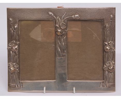 Early 20th century American silver mounted double photograph frame of rectangular form with embossed flag iris in the Art Nou