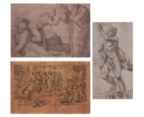 ANTIQUE BOUND ALBUM containing three Old Master drawings plus two others 