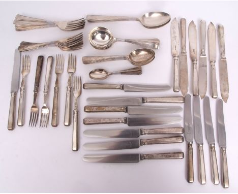 Elizabeth II part flatware service for six comprising three table spoons, six each dessert spoons, soup spoons, four tea spoo