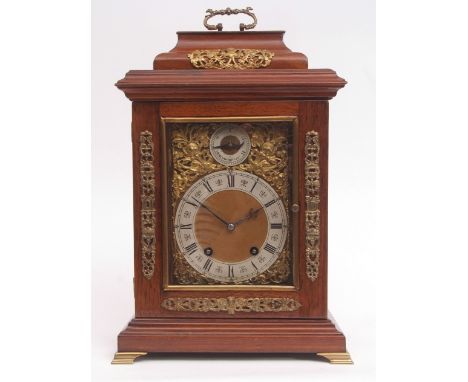 Early 20th century German bracket clock, Lenzkirch, 239436, the case with overhanging cornice and moulded pediment with brass