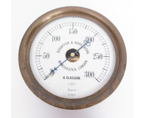 Large brass cased gauge of circular form, Schaeffer &amp; Budenberg - Manchester, London &amp; Glasgow, with glazed panel, bl