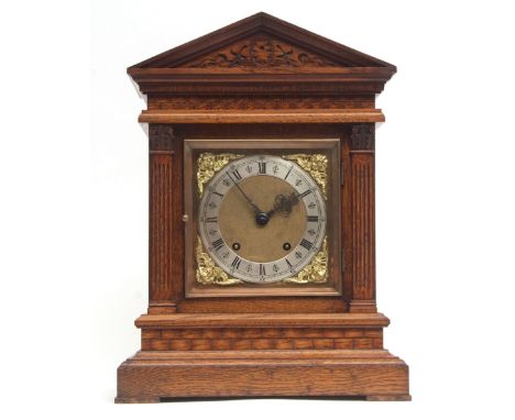 Early 20th century German oak cased 8-day bracket clock, Winterhalter &amp; Hoffmeier, the architectural case with overhangin