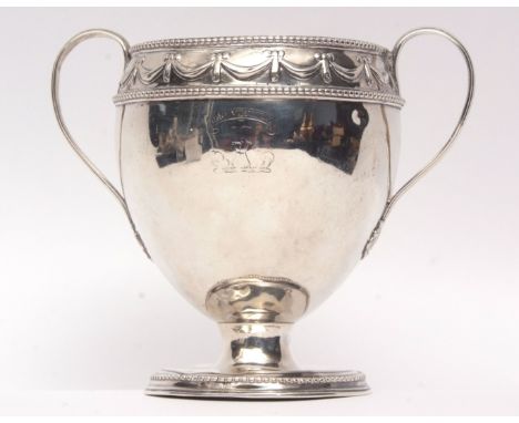George III two-handled urn shaped sugar basin with cast and applied beaded and swag border with reeded handles and contempora