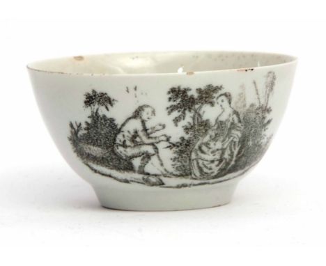 Liverpool (Chaffers) tea bowl, circa 1760, with an early Sadler print of a lady and gentleman in conversation, the reverse wi
