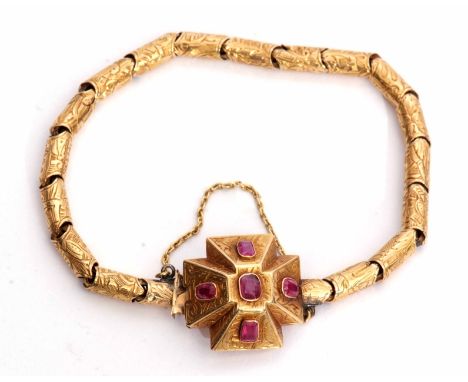 Victorian gold and ruby bracelet, a design of engraved hollow tubular links to an engraved Maltese cross clasp set with five 