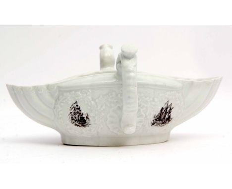 18th century Worcester two handled sauce boat circa 1756, the moulded body with smoky primitive prints of men of war to the e