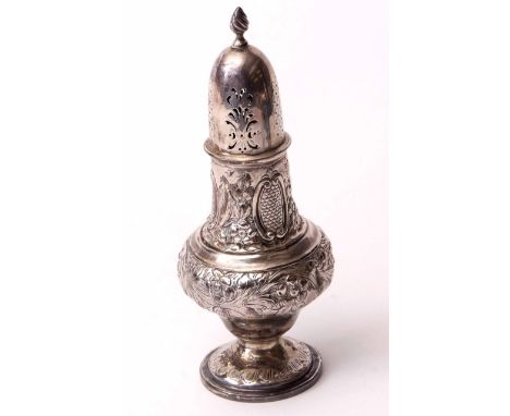 Edward VII table caster of typical baluster form with pierced pull off cover, cast and applied finial and body with floral fo