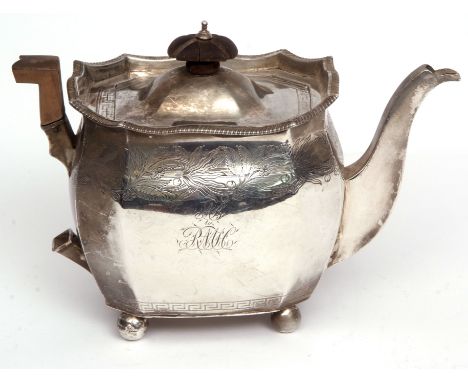 George III teapot of shaped rectangular form with flared rim, hinged and domed cover and engraved floral and foliate decorati
