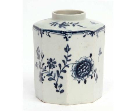 Lowestoft tea caddy circa 1765, of octagonal form, painted in underglaze blue with flower heads and trailing flowers below sc