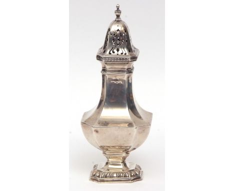 George V table caster of square baluster form with pierced pull off cover, cast and applied finial on a spreading square sect