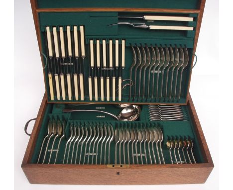 Early 20th century oak cased canteen of cutlery and flatware, Hanoverian rat-tail pattern for 12 including table and side kni