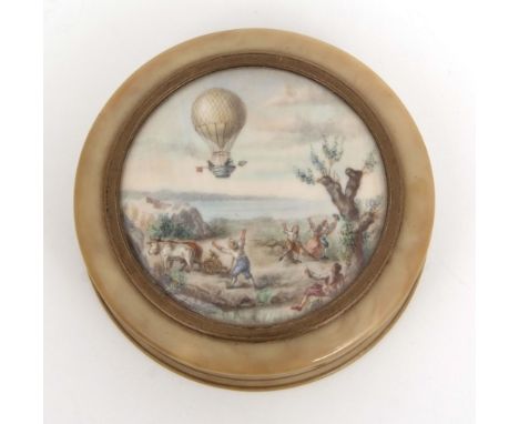 French composite snuff box of circular form with pull off cover inset with a painted miniature signed Furnel of a scene depic
