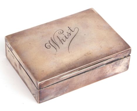 Late Victorian silver "Whist" case of polished hinged rectangular form with engraved cover to a blue morocco lined interior, 