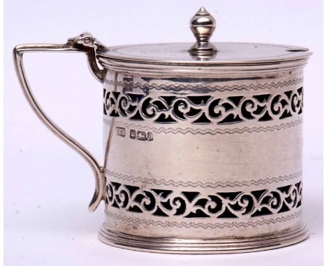 Victorian drum mustard with hinged cover and cast and applied finial to a pierced and banded body with contemporary monogram 