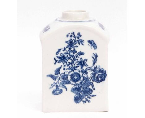 Lowestoft tea caddy decorated with prints of floral sprays after Worcester, 10cm high  