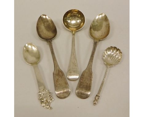 A pair of 19th Century "Fiddle" pattern tablespoons (bear maker's marks RR, London 1814), a silver sauce ladle, silver spoon 