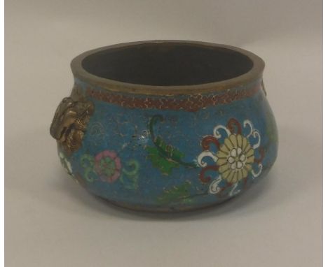 A Chinese cloisonné censer with floral and scrollwork decoration on a turquoise blue ground, bears four character Kangxi mark