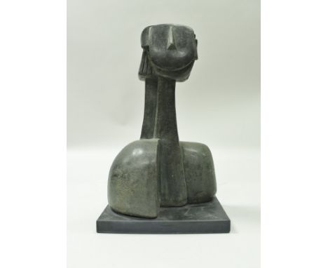 PETER HAYES (b. 1946) - a ceramic sculpture of a woman in a Cubist style, mounted on a slate base, incised signature on slate