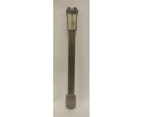 A George III mahogany cased stick barometer by Fraser of Bond Street, London, the bow fronted case with silvered dial and urn