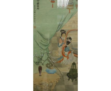 CHINESE SCHOOL "Musicians in an interior with incense burner in foreground", watercolour gouache with script and seal stamp t