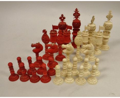 A circa 1900 Anglo-Chinese chess set in plain and red stained ivory, king 14 cm high CONDITION REPORTS Some light surface scr