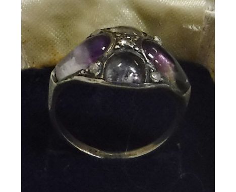 A white metal mounted flourite and diamond set ring