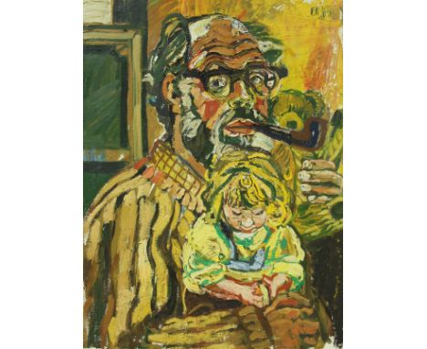 JOHN BRATBY (1928-1992) "Artist, Dayan and Bear", oil on canvas, signed top right, inscribed on "Thackery Gallery of Kensingt