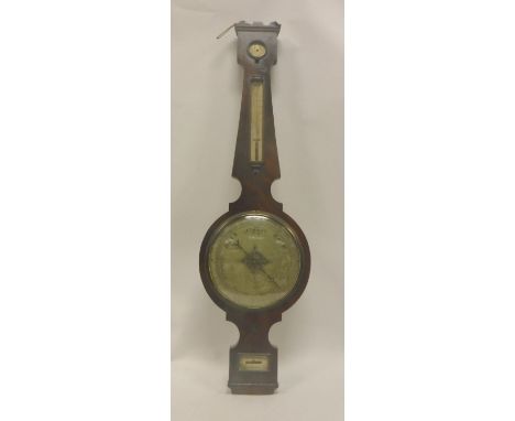 An early 19th Century mahogany cased banjo barometer with silvered dials and alcohol thermometer 107 cm high